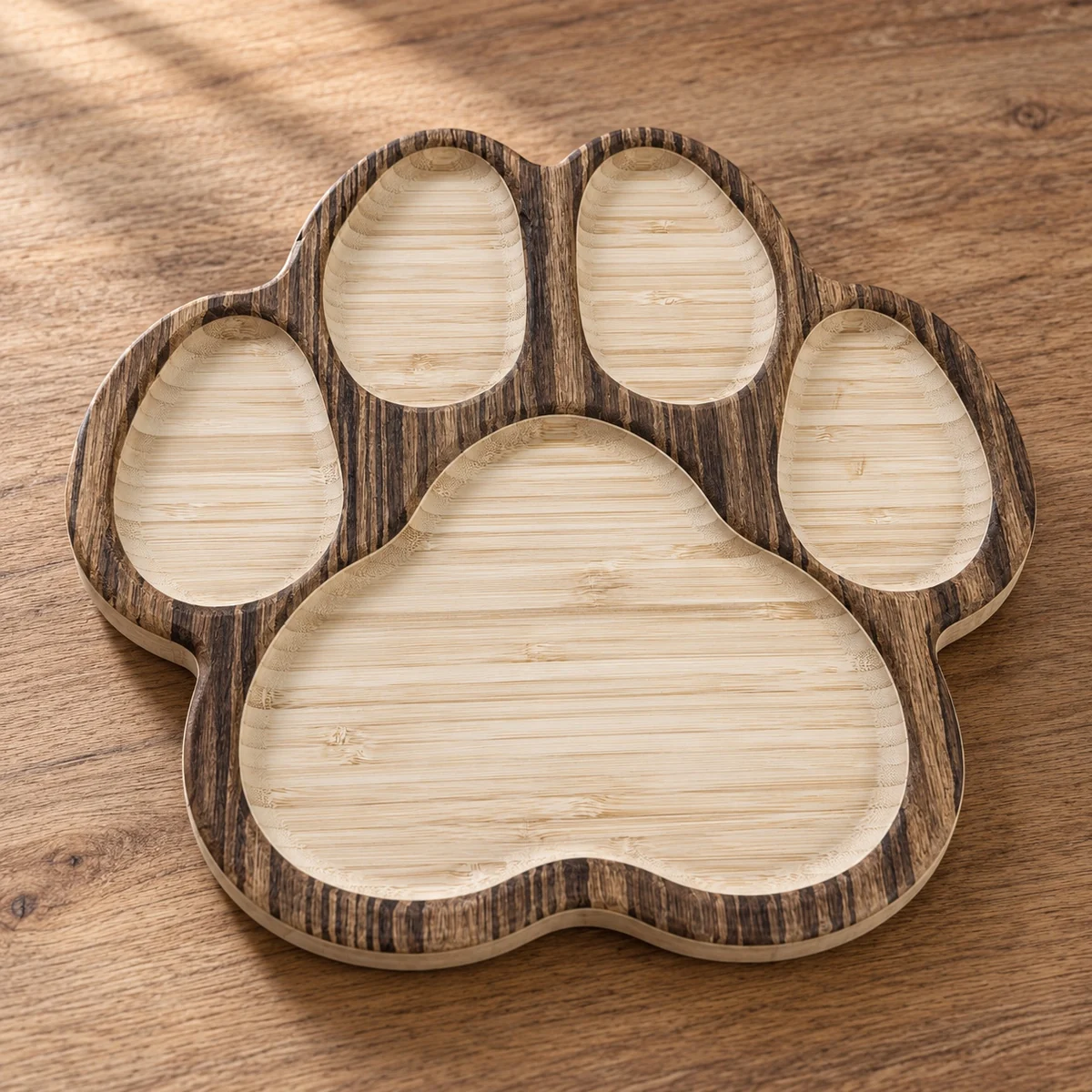 Complete finished WoodenYou PawPrint Serving Tray, fully visible on a wood tabletop